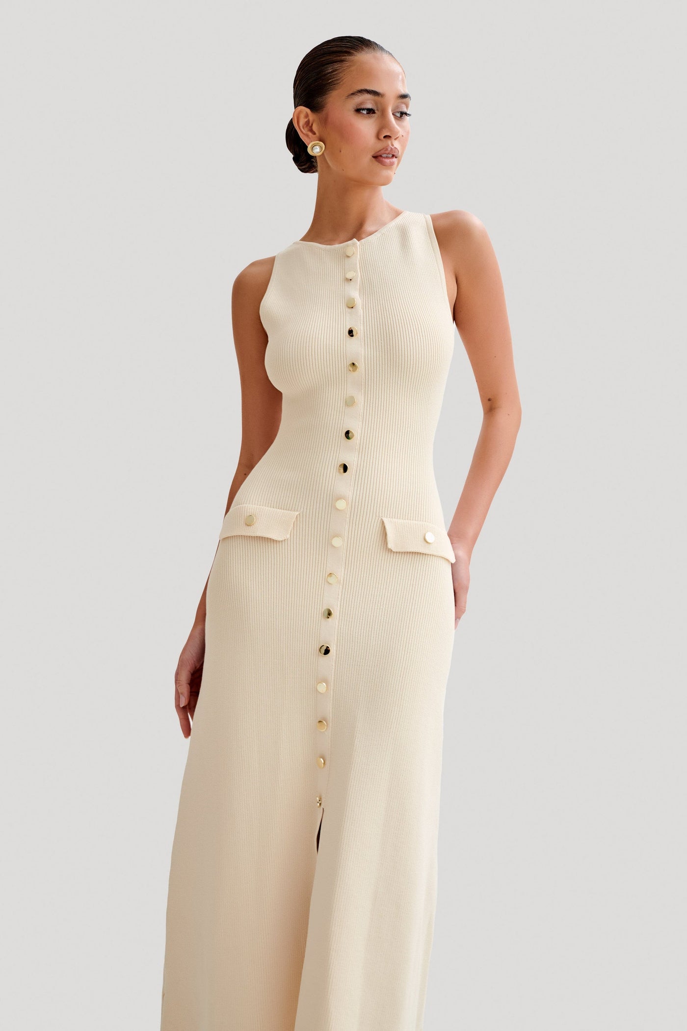 Mila -Sleeveless Buttoned Maxi Dress - Ivory