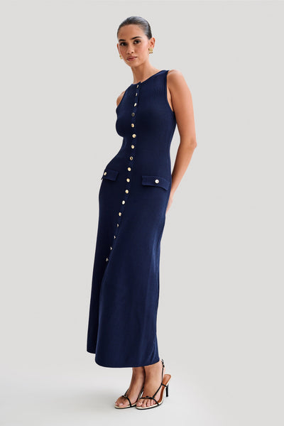 Mila -Sleeveless Buttoned Maxi Dress - Navy