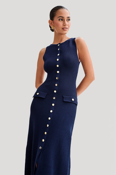 Mila -Sleeveless Buttoned Maxi Dress - Navy