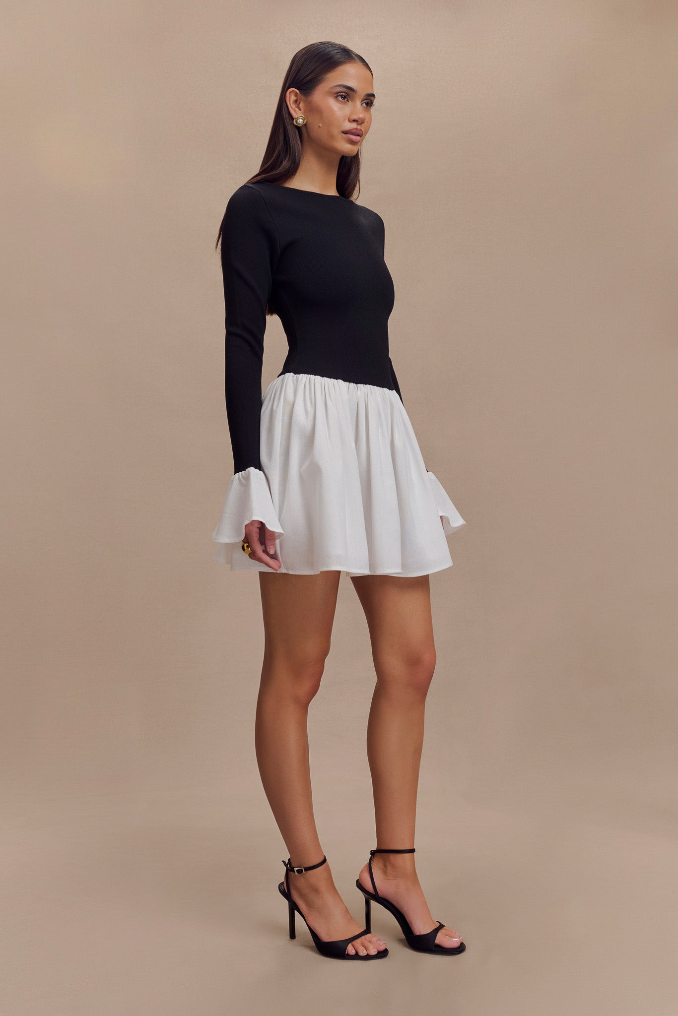 SIDIKA -Knit And Linen Mini Dress - Black & White