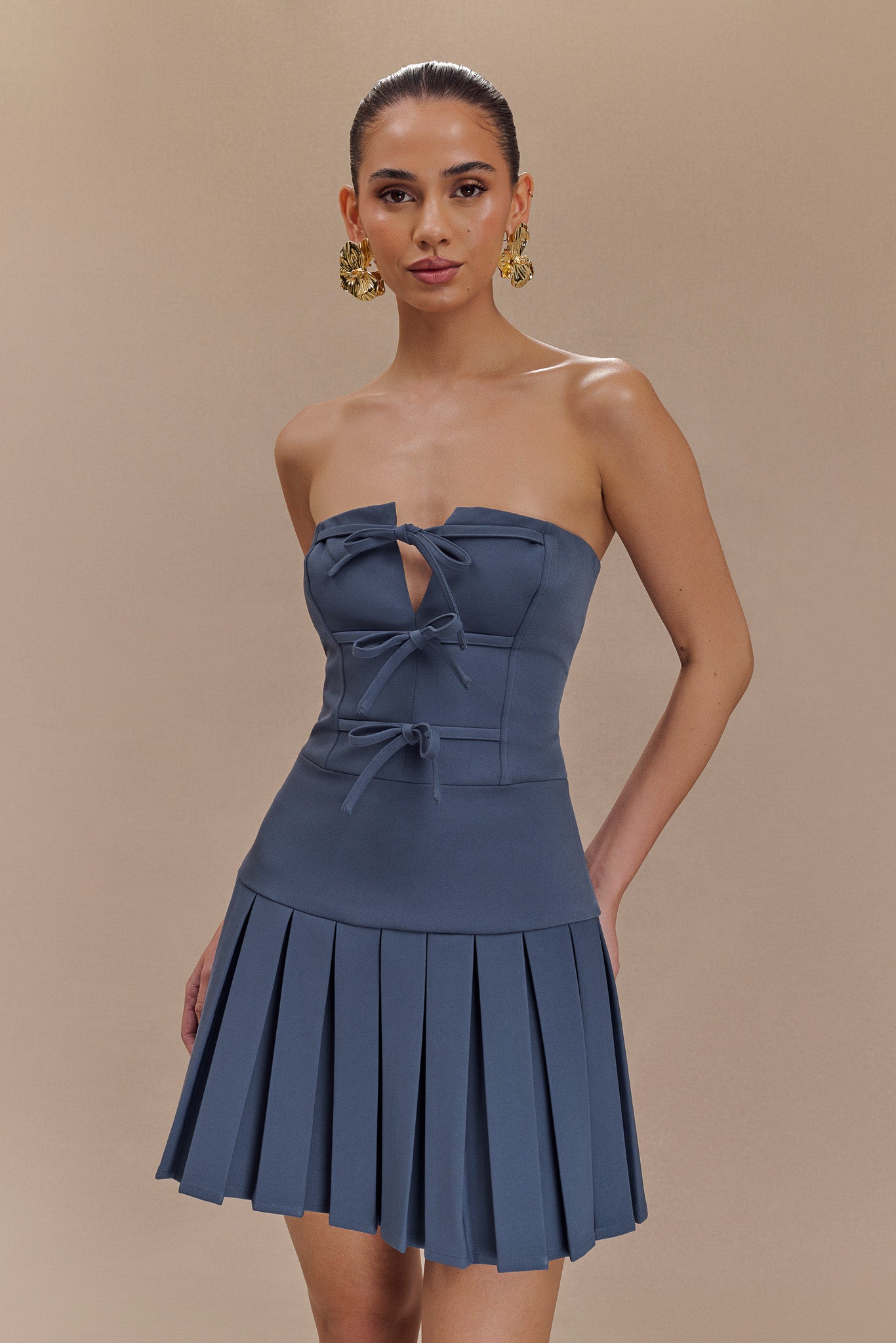 Laura - Pleated Mini Dress With Ties